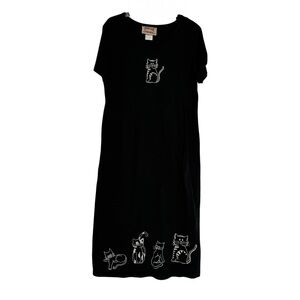 Vintage Studio Ease Black Maxi Dress Cat Cottagecore Size 10 Short Sleeves
